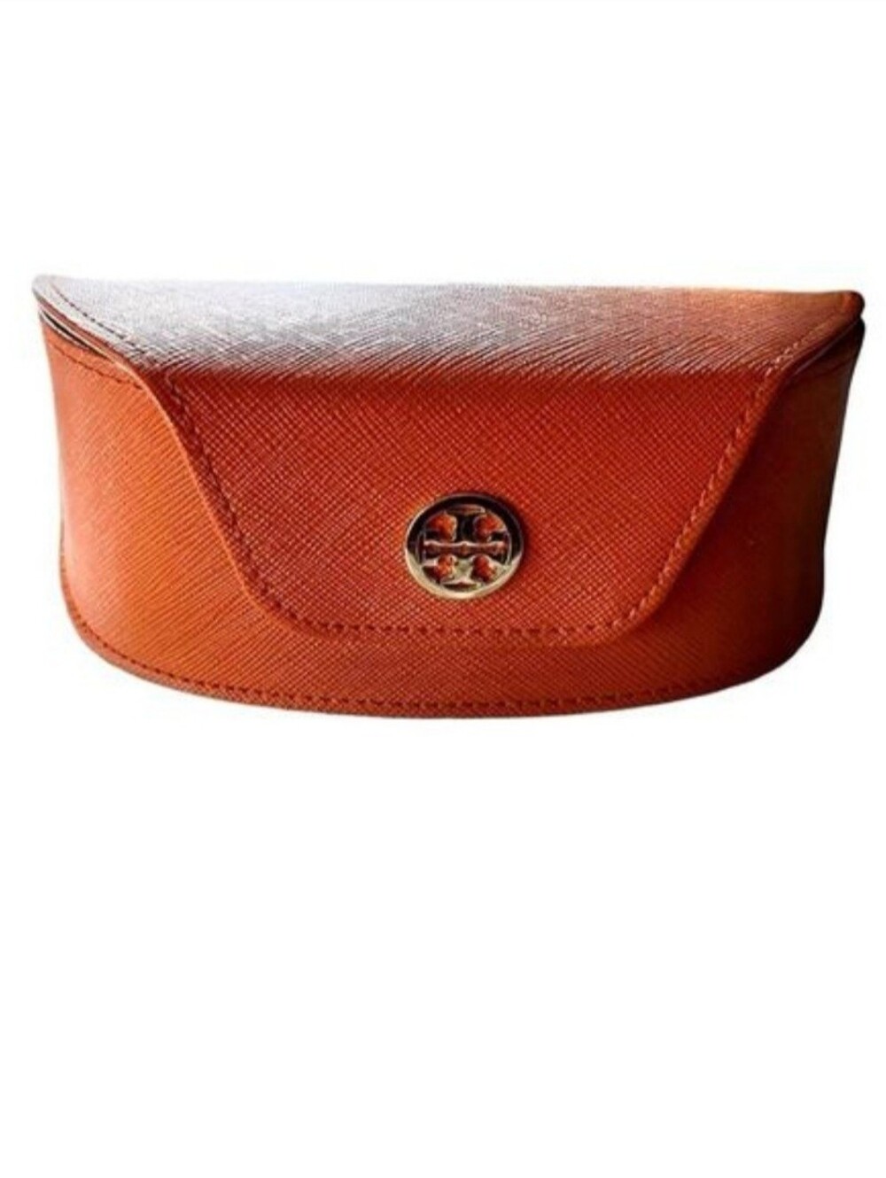 TORY BURCH Sunglasses Case in Burnt Orange Saffianno Leather with Gold Logo Snap